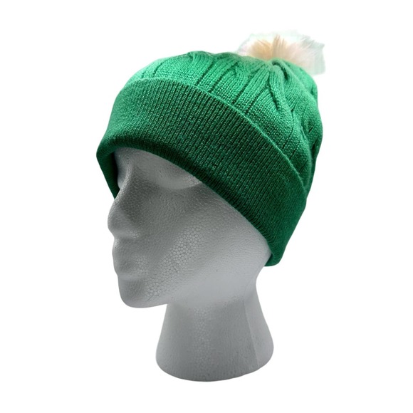 Talbots | Women | Solid Green Cable Knit Pom Pom Beanie Hat One Size - Picture 1 of 8